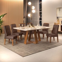 Conjunto de Sala de Jantar 6 Cadeiras Tampo sem Vidro 170x90 Cm Dj Móveis Kiara Freijó Lidia Moca - 1
