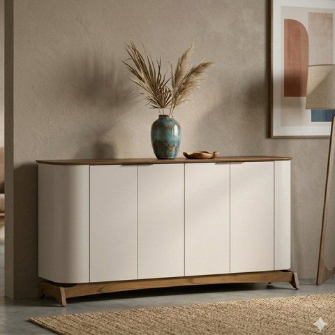 Buffet Aparador Curvo em MDF 4 Portas 160cm Off White Cinamomo Serena