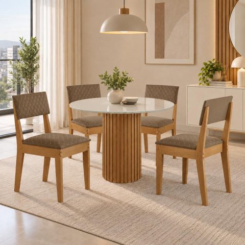 Sala de Jantar 4 Lugares Mesa Jolie 100cm Tampo Redondo de Vidro e 4 Cadeiras Estofadas Copper Soft