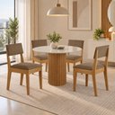 Ver imagem 1 de Sala de Jantar 4 Lugares Mesa Jolie 100cm Tampo Redondo de Vidro e 4 Cadeiras Estofadas Copper Soft