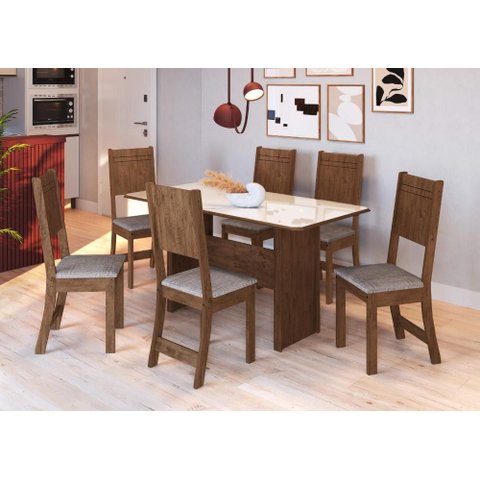 Conjunto Sala de Jantar Fidelitá Atenas 150cm com 6 Cadeiras Noce/off-white Assento Linho