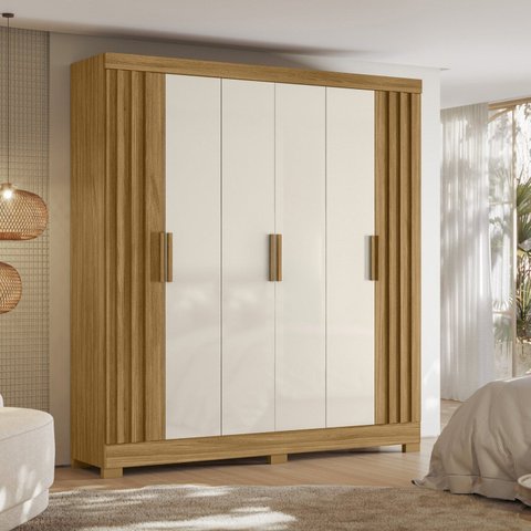 Guarda-Roupa Casal 6 Portas 2 Gavetas Ripado com Pés Valença Off White/Freijó