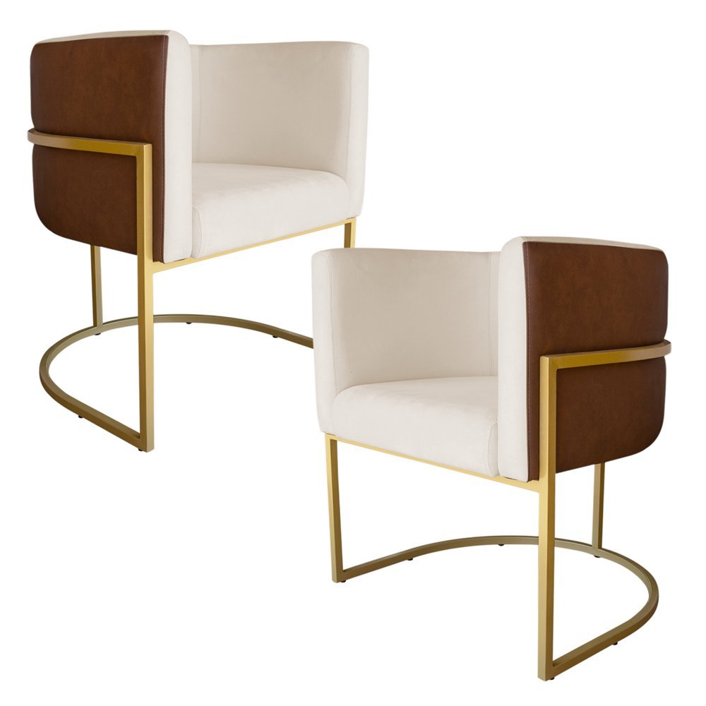 Kit 2 Poltronas Decorativa Cristal Base Gold Veludo Bege/pu Caramelo - Montanaris Decor Md Montanari - 2