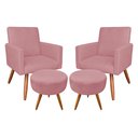 Ver imagem 1 de Kit 2 Poltronas e 2 Puffs Banqueta Redonda Nina Suede Rosê Pés Palito Castanho - Pallazio