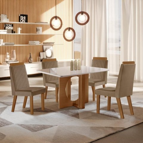 Conjunto Mesa de Jantar com Vidro e 4 Cadeiras 120cm Multimóveis Crljm-CON025 Madeirado/Bege