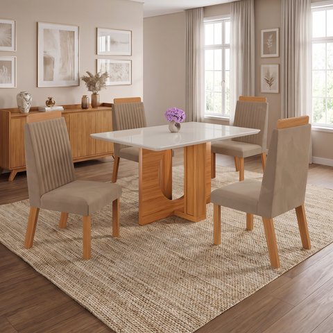 Conjunto Mesa de Jantar com Vidro e 4 Cadeiras 120cm Multimóveis Crljm-CON025 Madeirado/Bege