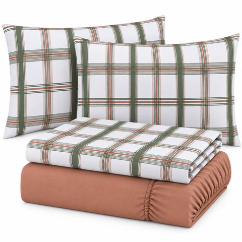Jogo de Cama Lençol Queen Malha Soft 100% Algodão Fio Penteado Estampado Toque Macio 4 Peças Xadrez 