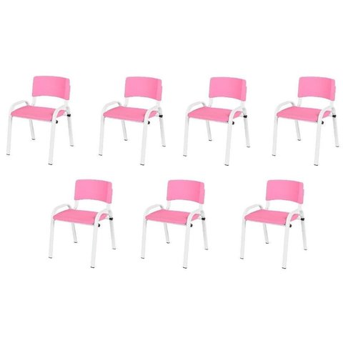 Kit 7 Cadeiras Infantil Iso, Escola, Base Branco- Rosa