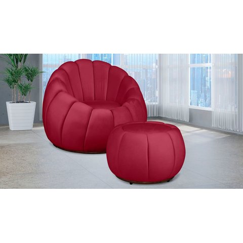 Kit Poltrona c/ Puff Concha Veludo Vermelho