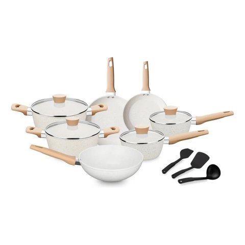 Jogo de Panelas Carmela Vanilla 10 Peças com Revestimento em Cerâmica Cor Creme