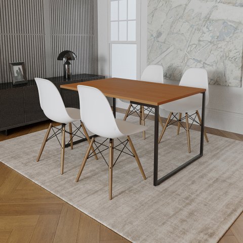 Mesa Industrial Base de Ferro Preto Tampo 137x90 Canela 4 Cadeiras Eames Madeira Assento Branco