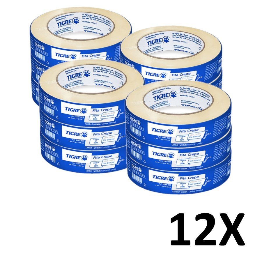 Kit 12 Fita Crepe Uso Geral Pintura 24mmX50m Tigre - 1