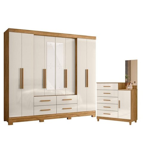 Guarda Roupa Casal San Lorenzo com Espelho e Cômoda Lisboa Freijó Off White – Moval
