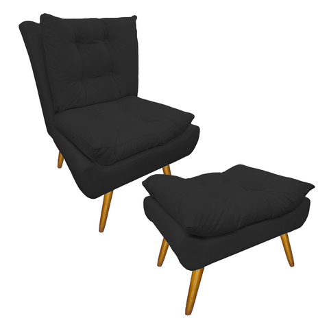 Jogo 1 Poltrona e 1 Puff Para Sala Comercial Karen Suede Preto - LM DECOR
