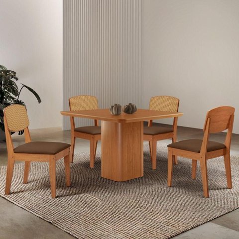 Mesa de Jantar Eloise 90cm Tampo Mdf 4 Cadeiras Moderna Veludo Marrom/naturalle