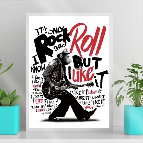 Quadro Decorativo Macaco It´s Only Rock And Roll 45x34cm:Madeira branca