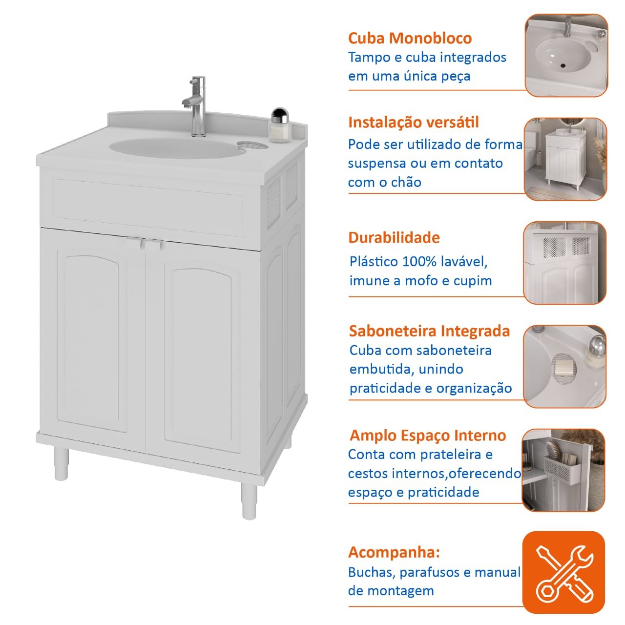 Gabinete para Banheiro em Plástico com Lavatório Clássica  sem Torneira - 8