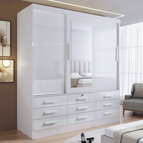 Guarda-Roupa 3 Portas de Correr 9 Gavetas com Espelho Branco Meridian Gold