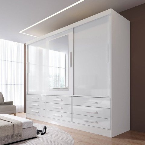 Guarda-Roupa 3 Portas de Correr 9 Gavetas com Espelho Branco Meridian Gold