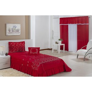 Kit Cobre Leito Solteiro Desejos 4 Pçs Bordado + Cortina VERMELHO