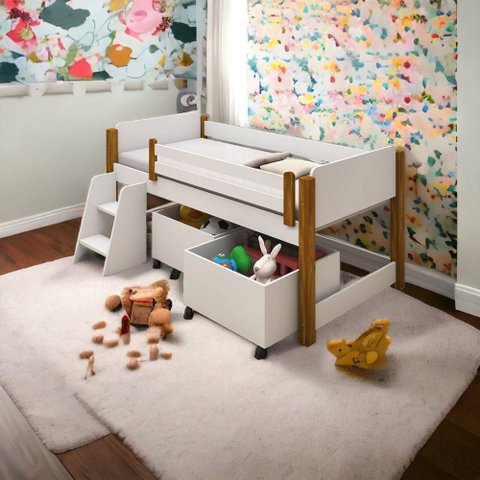 Cama Paty Branco/mel C/ Colchão, 02 Nichos e Escadinha