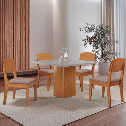 Mesa de Jantar Eloise 90cm Tampo Mdf 4 Cadeiras Copper Linho Capuccino/nat/off/serig. Off