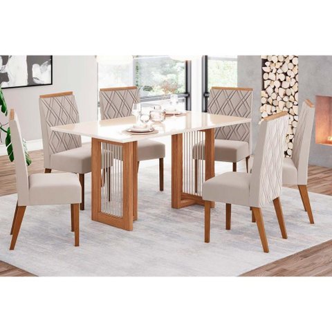 Sala de Jantar Completa Yara Sc79 Tampo Madeirado C/ Vidro Canto Curvo 160x90cm e 6 Cadeiras Vita