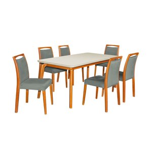 Mesa Jantar Luxo Jade 160x90cm Off White com 6 Cadeiras Estofadas Veludo Cinza Base Madeira Maciça M