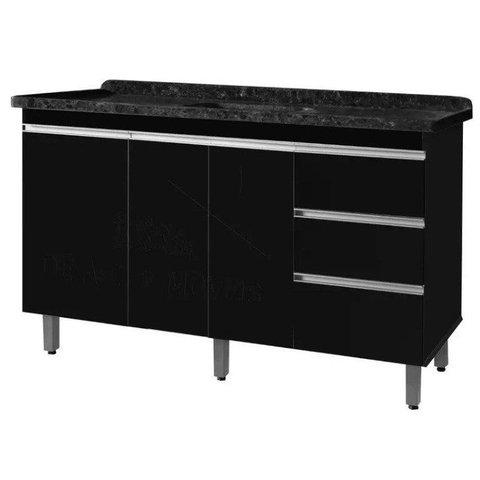 Balcão Gabinete para Pia de Cozinha de 1,50m Michelangelo Preto Fosco 100% Mdf 15mm Rino Móveis Pret