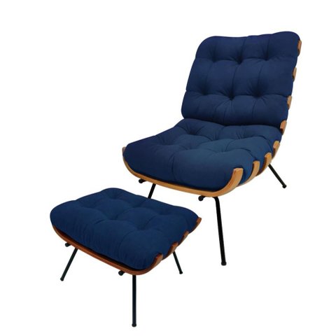 Kit Poltrona e Puff Costela Suede Azul Marinho