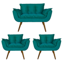 Ver imagem 1 de Conjunto Namoradeira Com 2 Poltronas Sala de Estar Opala Suede Azul Turquesa - LM DECOR
