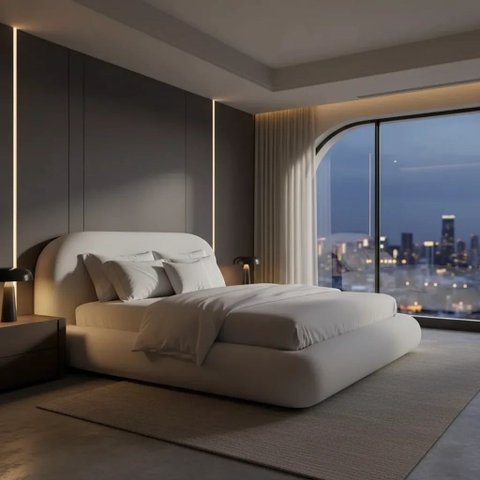 Cama Queen com Cabeceira Maia Estofada Moderna e Peseira