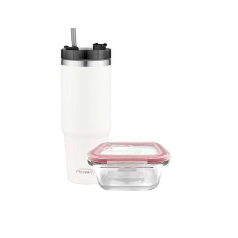 Pote Vidro Hermético Marmita 1l e Copo com Canudo 900ml Bege