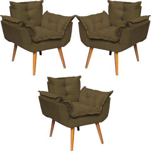 Kit 3 Poltronas Decorativa para Sala Manicure Consultório Alice Pés Trapézio Suede Marrom