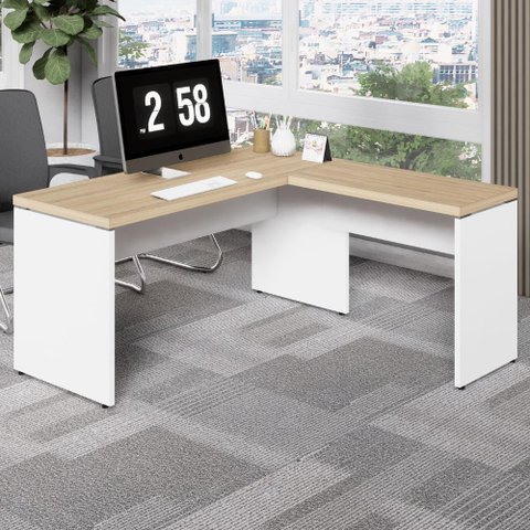Escrivaninha L Escritório 1,50m X 1,50m Pés Painel F5 Office Cor:macadâmia com Branco