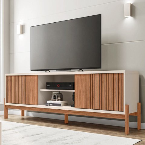 Rack para Sala Bancada de Tv 72 Pol Ripado 184cm Tannen Freijó/off White - Caemmun