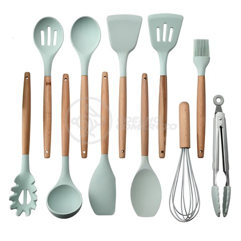 Kit 12 Peças Conjunto de Cozinha Utensílios de Silícone com Espatulas Pincel Batedor Manual - Verde