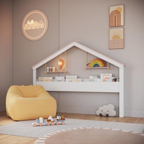 Livreiro Infantil com Moldura de Casinha 2,0m Prateleiras Suspensas Cor:Branco com Rosa