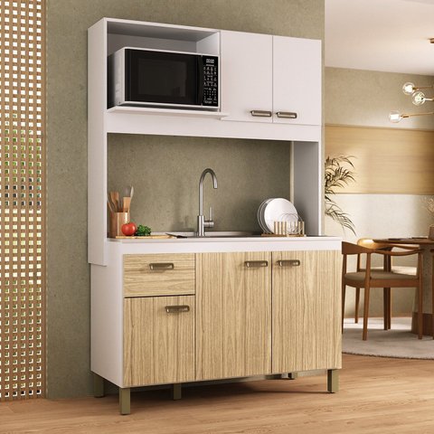 Cozinha Compacta 120cm 100% MDF 15cm 5 Portas e 1 Gaveta Branco/Amêndoa