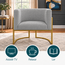 Ver imagem 3 de Poltrona Decorativa Luna Bouclé Premium para Sala Escritório Recepção Base Circular em Ferro Madeira
