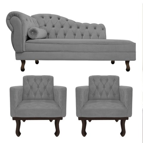 Kit Diva Recamier Diana 140cm Lado Direito e 02 Poltronas Classic Suede Cinza - ADJ Decor