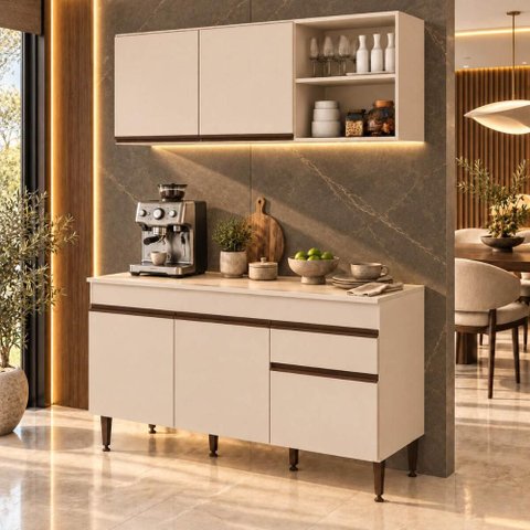 Armário Cozinha Modulada Compacta com Balcão para Pia 150cm Milano Multimóveis MP2331 - Vanilla