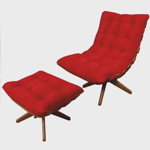 Kit Poltrona com Puff Costela Base em Madeira Giratória - Vermelho