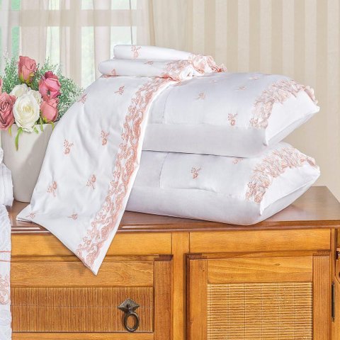 Jogo de Cama King Bordado 600 Fios Rivieri Branco 4pçs