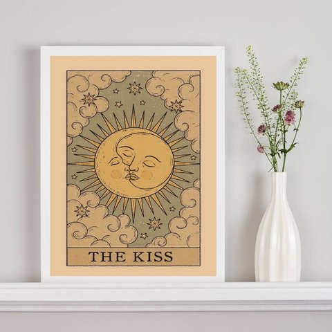 Quadro Carta Tarot The Kiss - Sol e Lua 24x18cm:madeira Branca