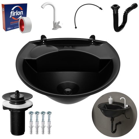 Pia Lavatório Banheiro 4L + Torneira Branca + Sifão Universal Sanfonado + Engate + veda Rosca