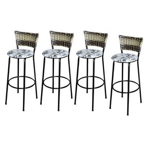 Jogo 4 Banqueta Alta Para Cozinha Ratan Cappuccino Premium Preta Estofado Floral  Floral 