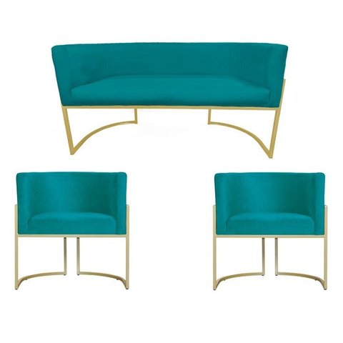 Kit Namoradeira + 2 Poltronas Decorativa Luana Suede Azul Tiffany Base Dourarada Mz Decor