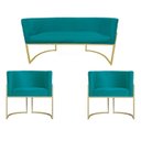 Ver imagem 1 de Kit Namoradeira + 2 Poltronas Decorativa Luana Suede Azul Tiffany Base Dourarada Mz Decor