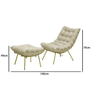 Poltrona Costela com Puff Adão Base Metal Dourado Veludo Bege